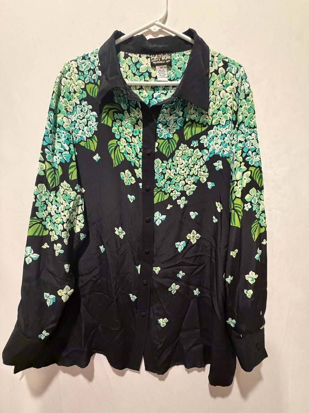 Vintage Bob Mackie Wearable Art Silk Hydrangea Print Beaded Blouse Size 2X